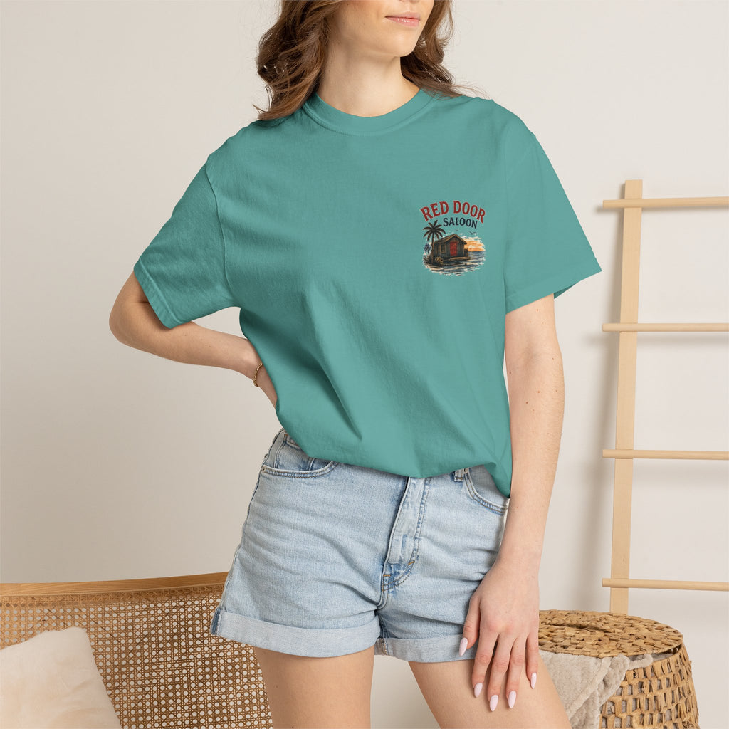 Red Door Saloon T‑Shirt — "You’ll Find Me at the Red Door Saloon with a Bushwhacker"
