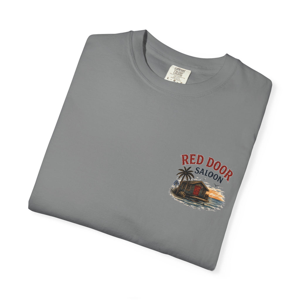 Red Door Saloon T‑Shirt — "You’ll Find Me at the Red Door Saloon with a Bushwhacker"