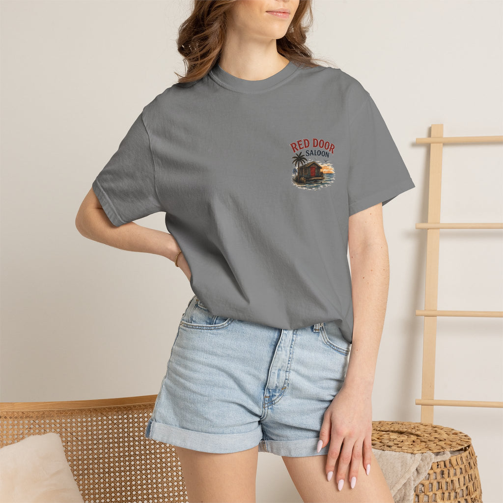 Red Door Saloon T‑Shirt — "You’ll Find Me at the Red Door Saloon with a Bushwhacker"