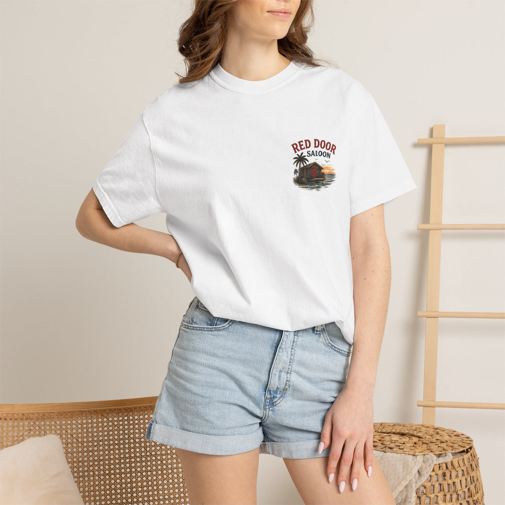 Red Door Saloon T‑Shirt — "You’ll Find Me at the Red Door Saloon with a Bushwhacker"