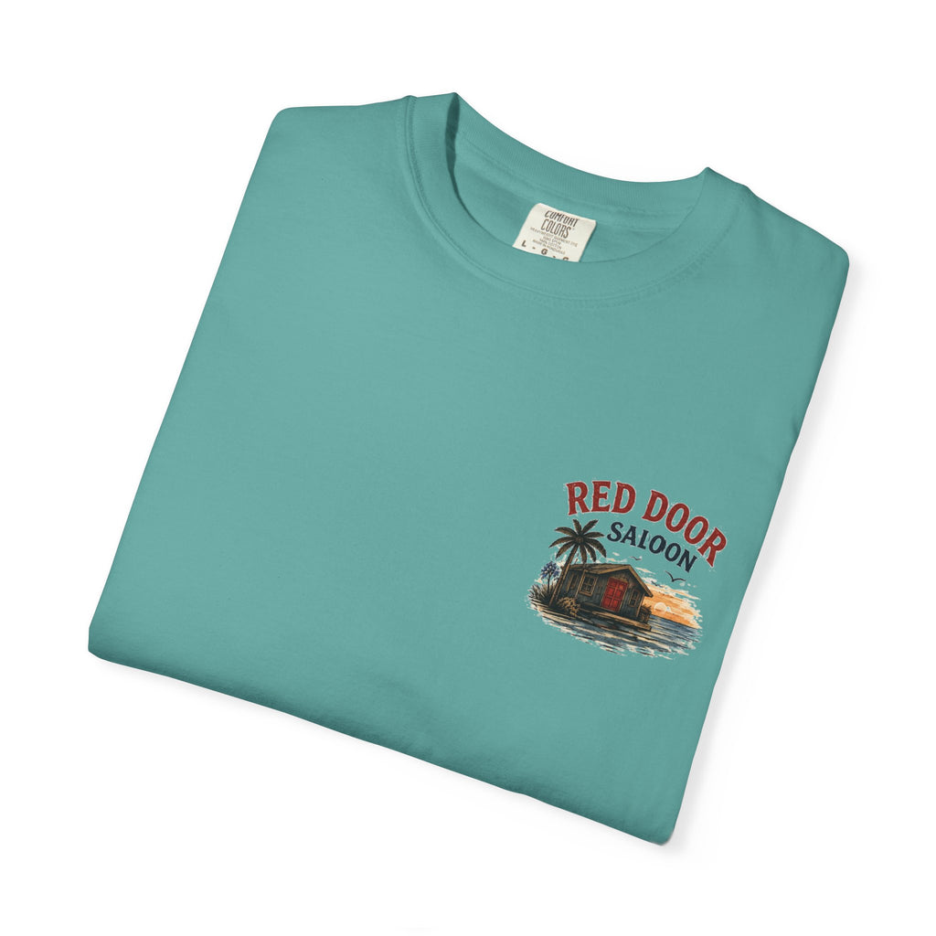 Red Door Saloon T‑Shirt — "You’ll Find Me at the Red Door Saloon with a Bushwhacker"