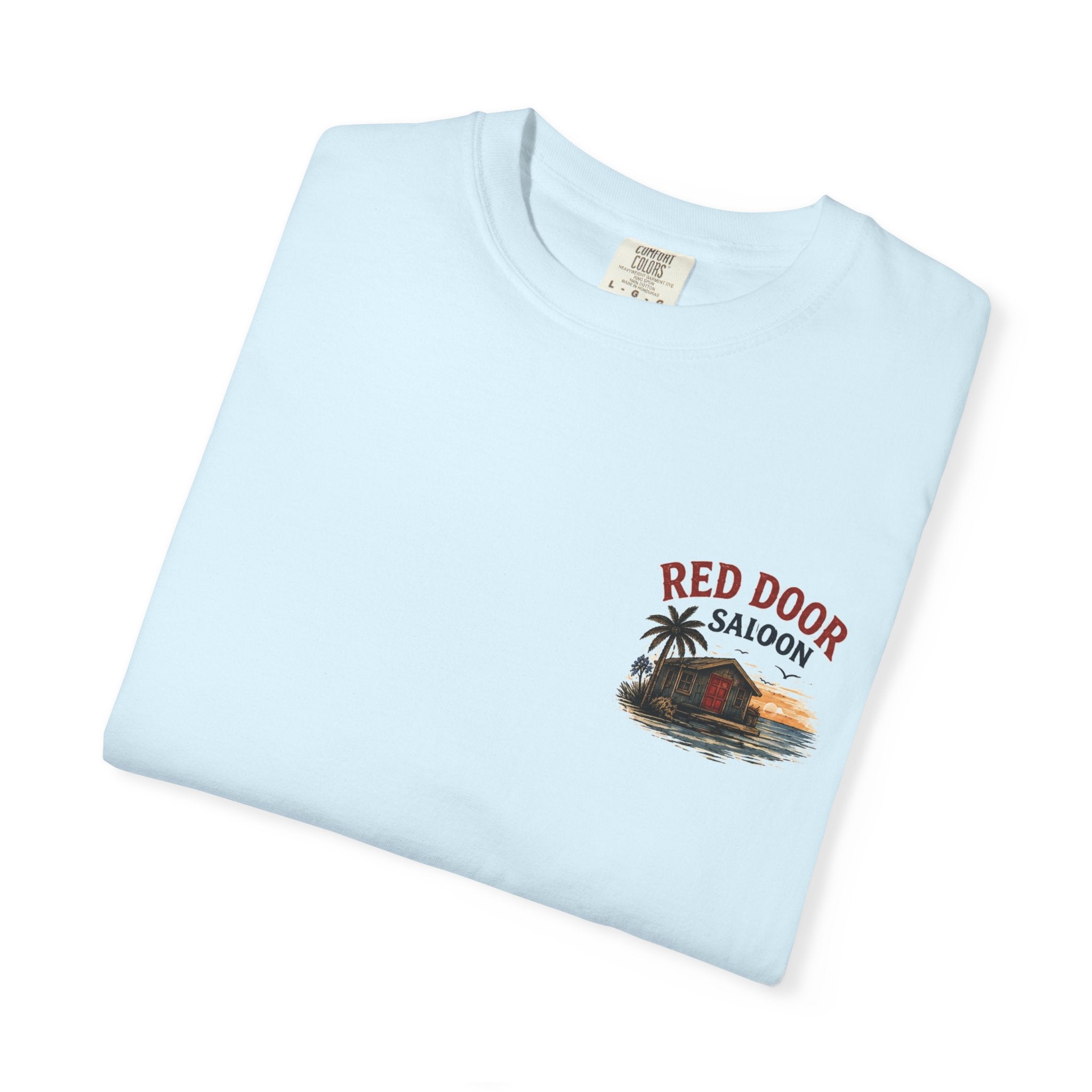Red Door Saloon T‑Shirt — "You’ll Find Me at the Red Door Saloon with a Bushwhacker"